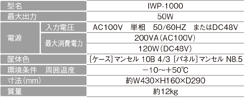 卓上型主装置　IWP-1000（50W）スペック